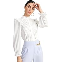 WDIRARA Women's Pleated Ruffle Trim Flounce Long Sleeve Mock Neck